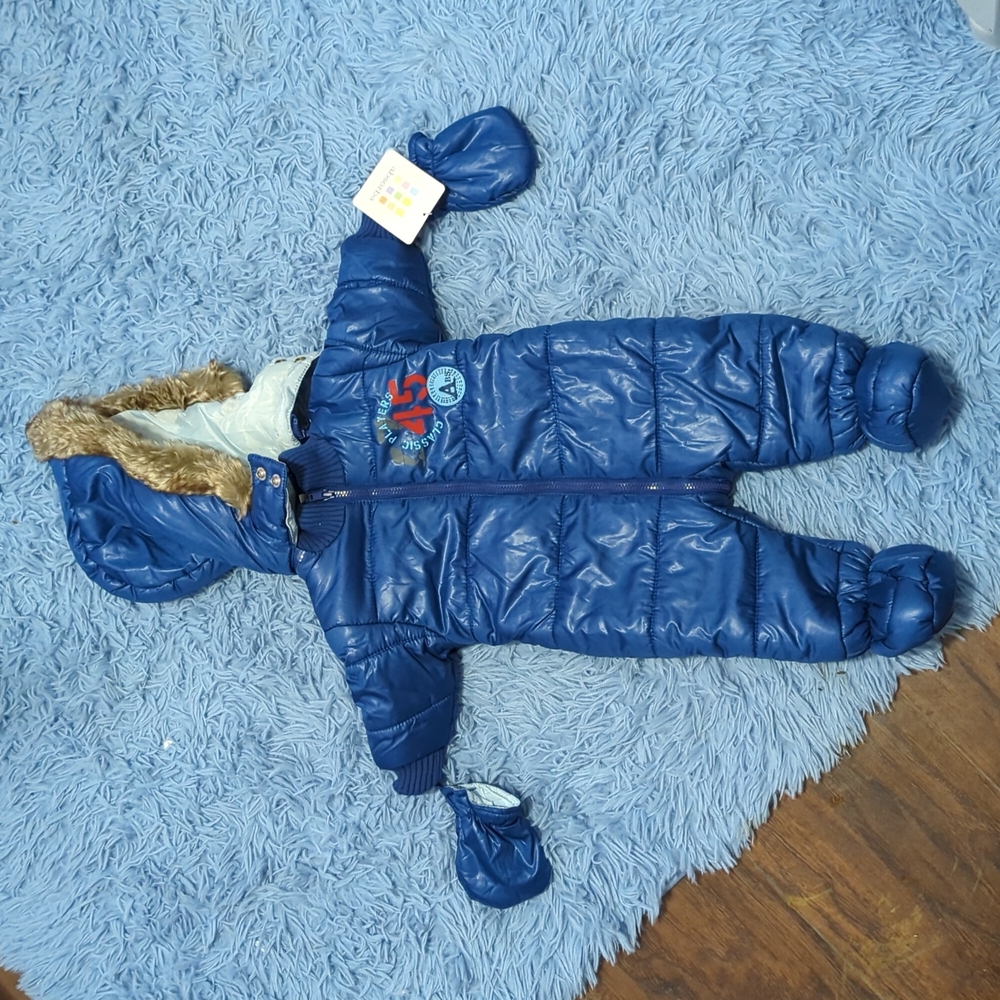 Absorba NWT Infant 0-3M Winter One Piece with detachable hood and mittens - Blue